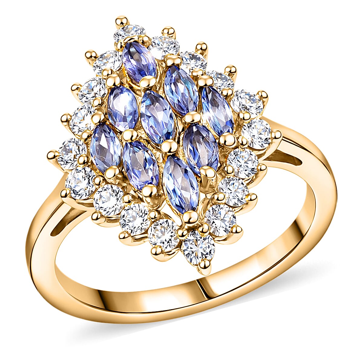 EverTrue Tanzanite and White Zircon 1.70 ctw Blue Flame Ring in 18K YG Plated (Size 5.0)