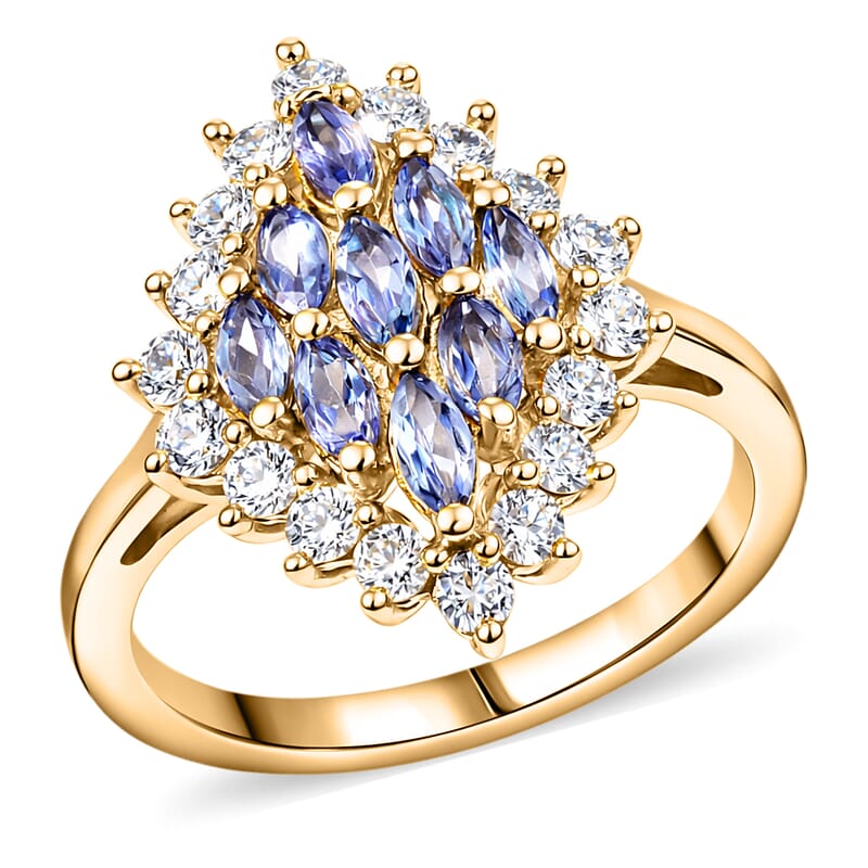 EverTrue Tanzanite and White Zircon 1.70 ctw Blue Flame Ring in 18K YG Plated (Size 5.0)