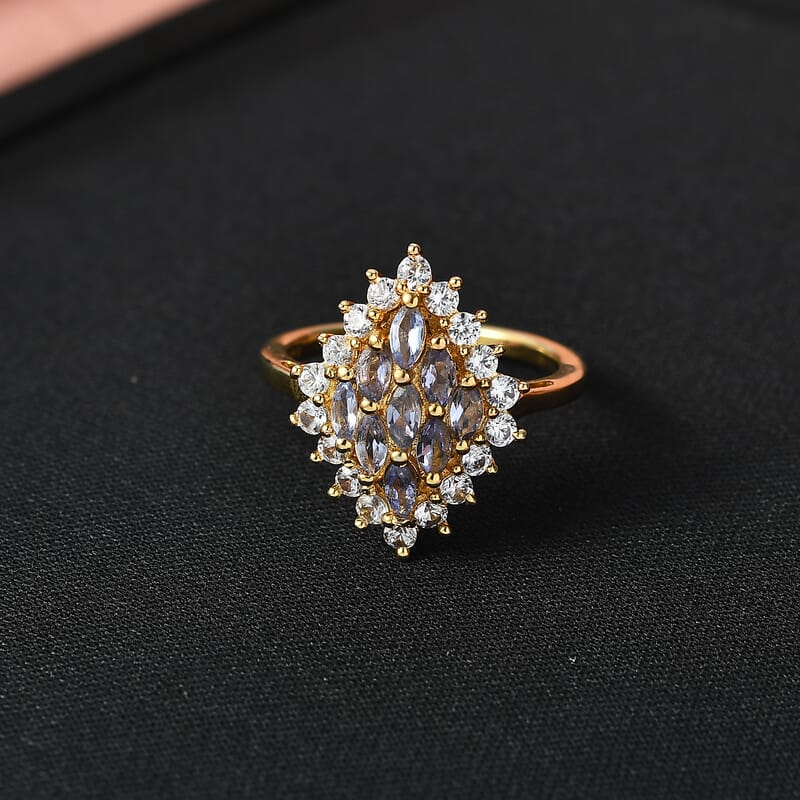 EverTrue Tanzanite and White Zircon 1.70 ctw Blue Flame Ring in 18K YG Plated (Size 5.0)