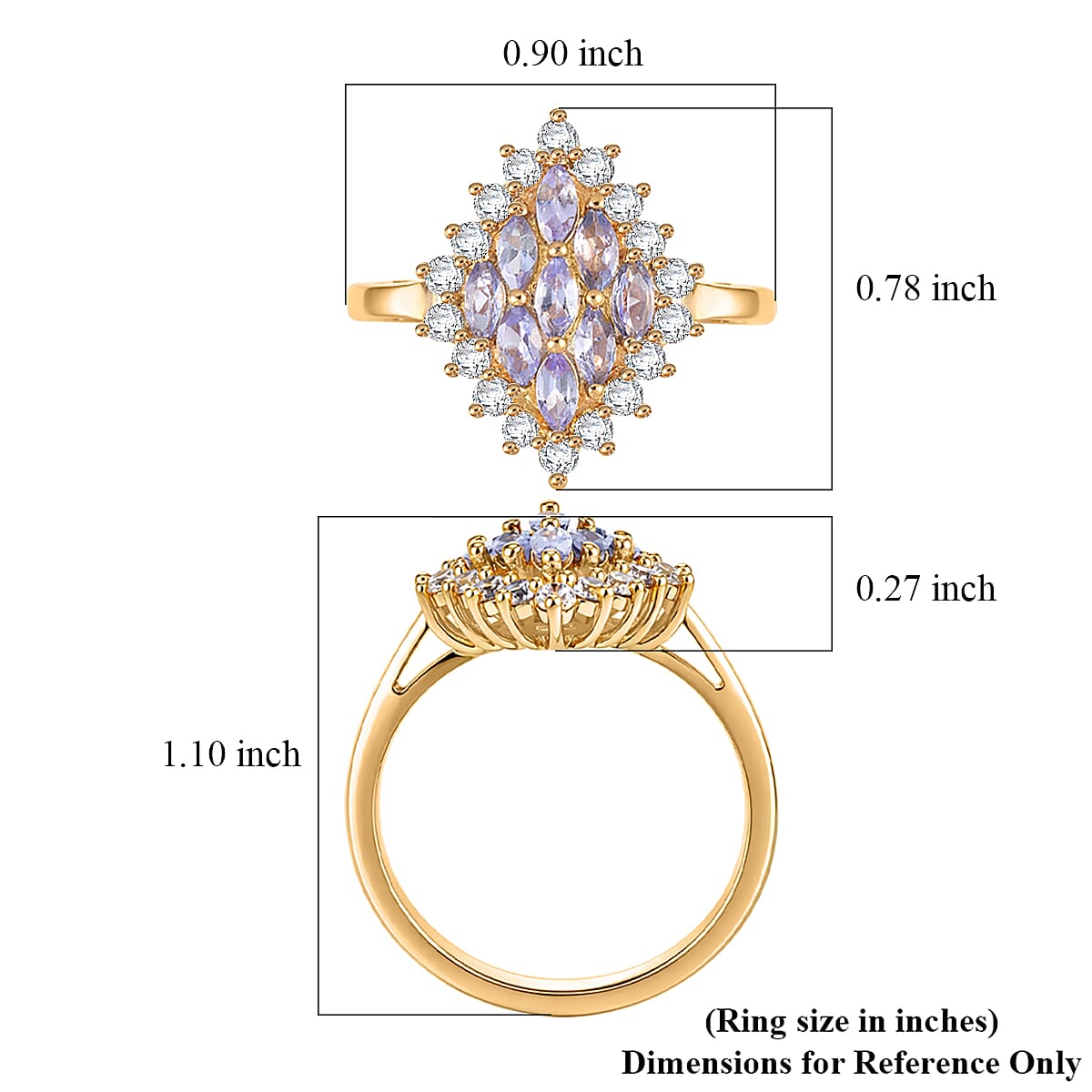 EverTrue Tanzanite and White Zircon 1.70 ctw Blue Flame Ring in 18K YG Plated (Size 7.0)