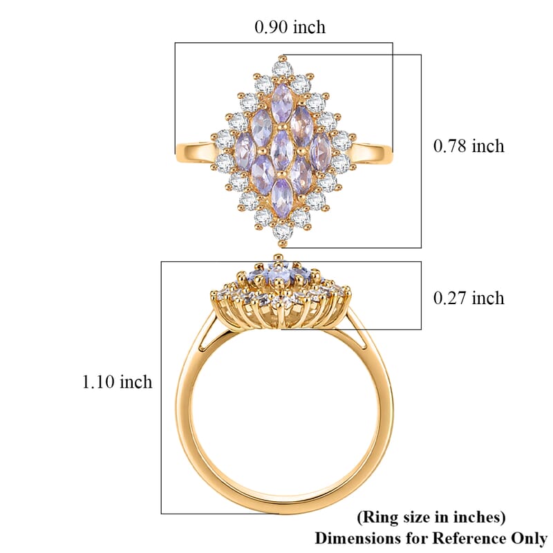 EverTrue Tanzanite and White Zircon 1.70 ctw Blue Flame Ring in 18K YG Plated (Size 7.0)