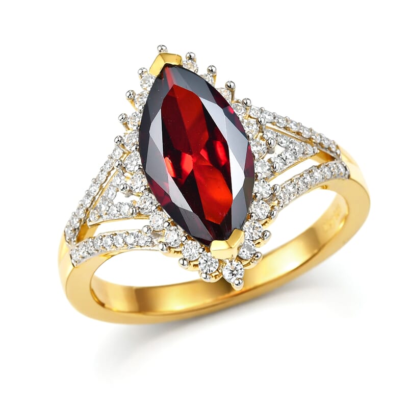 D'Joy Premium Mozambique Garnet and Moissanite 3.40 ctw Flare Majesty Ring in 18K Vermeil Yellow Gold Over Sterling Silver (Size 6.0)