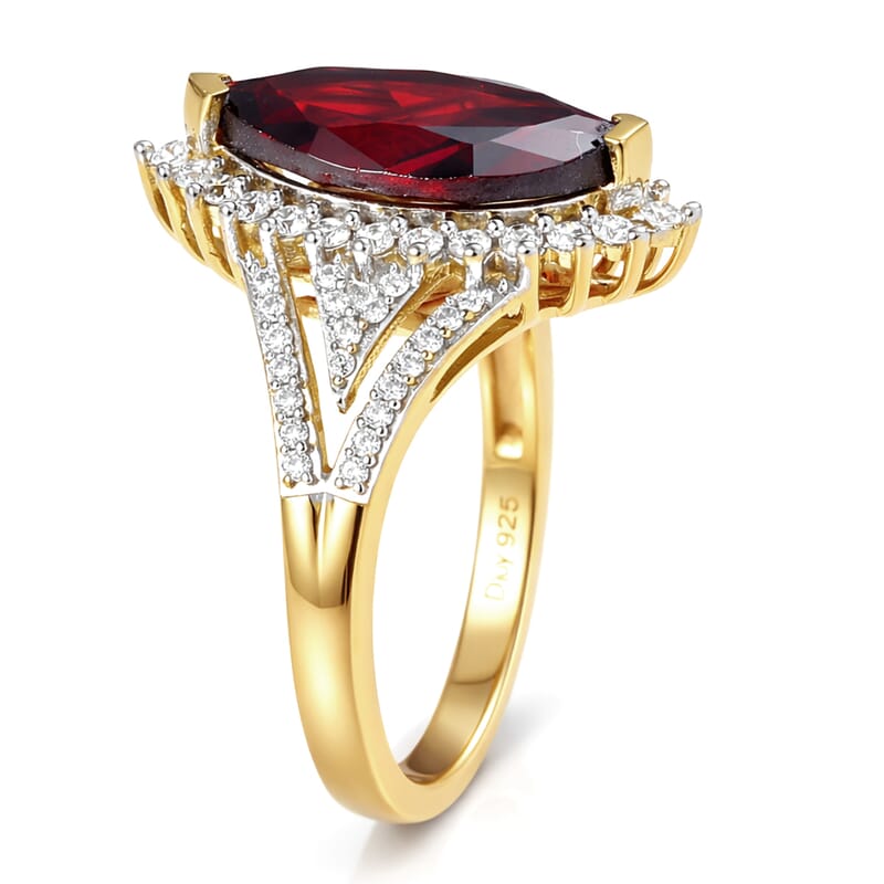 D'Joy Premium Mozambique Garnet and Moissanite 3.40 ctw Flare Majesty Ring in 18K Vermeil Yellow Gold Over Sterling Silver (Size 6.0)