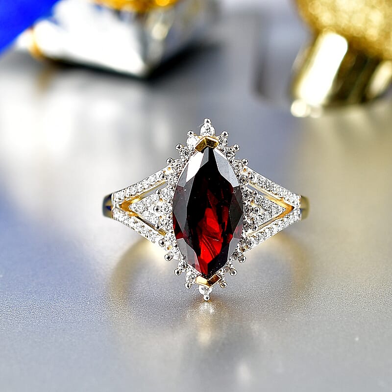D'Joy Premium Mozambique Garnet and Moissanite 3.40 ctw Flare Majesty Ring in 18K Vermeil Yellow Gold Over Sterling Silver (Size 7.0)