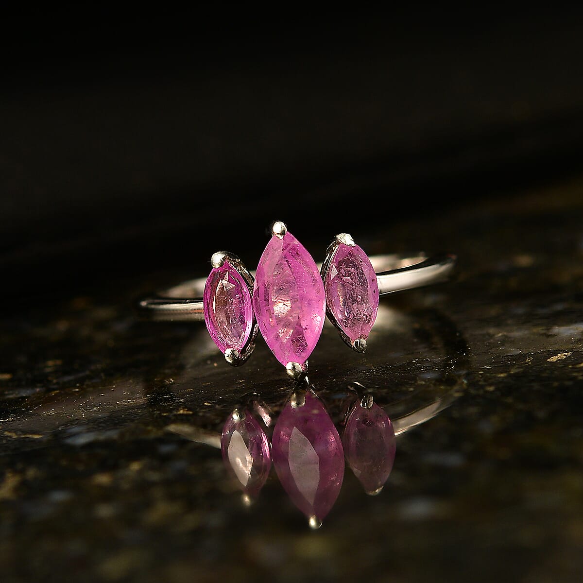 D'Joy Ilakaka Hot Pink Sapphire (FF) 1.35 ctw 3 Stone Ring in Platinum Over Sterling Silver (Size 5.0) image number 1