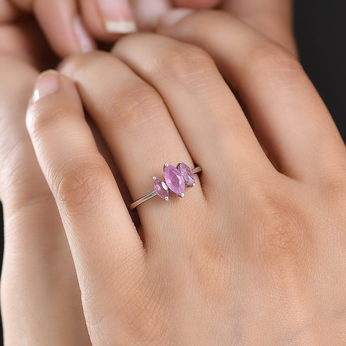 D'Joy Ilakaka Hot Pink Sapphire (FF) 1.35 ctw 3 Stone Ring in Platinum Over Sterling Silver (Size 6.0) image number 2