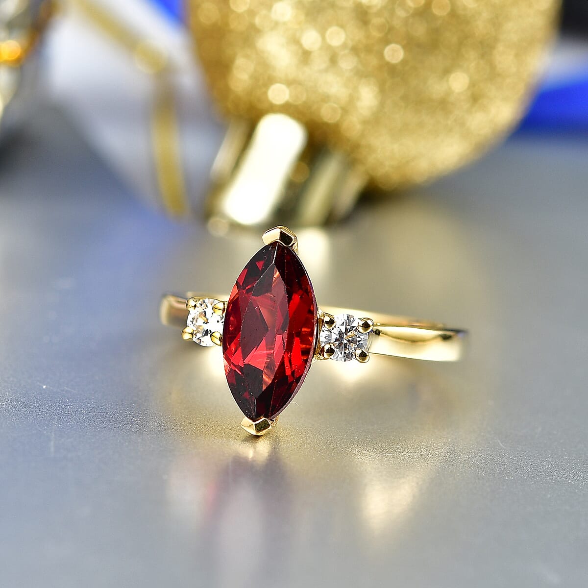 D'Joy Premium Mozambique Garnet and Moissanite 2.20 ctw Flare Majesty Ring in 18K Vermeil Yellow Gold Over Sterling Silver (Size 8.0) image number 1