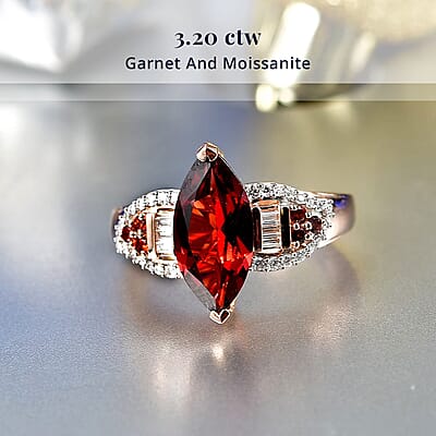 D'Joy Premium Mozambique Garnet and Moissanite 3.20 ctw Deco Flame Ring in 18K Vermeil Rose Gold Over Sterling Silver (Size 8.0)