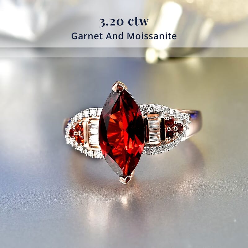 D'Joy Premium Mozambique Garnet and Moissanite 3.20 ctw Deco Flame Ring in 18K Vermeil Rose Gold Over Sterling Silver (Size 8.0)