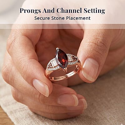 D'Joy Premium Mozambique Garnet and Moissanite 3.20 ctw Deco Flame Ring in 18K Vermeil Rose Gold Over Sterling Silver (Size 8.0)