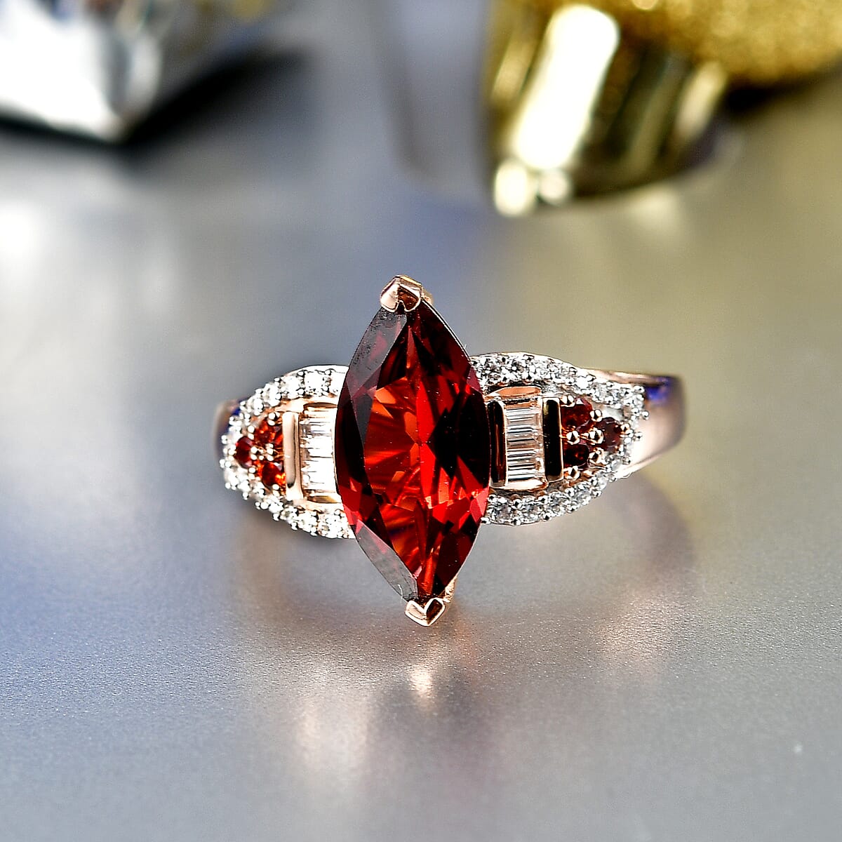 D'Joy Premium Mozambique Garnet, Moissanite Ring in 18K Vermeil RG Over Sterling Silver (Size 6.0) 3.20 ctw image number 1