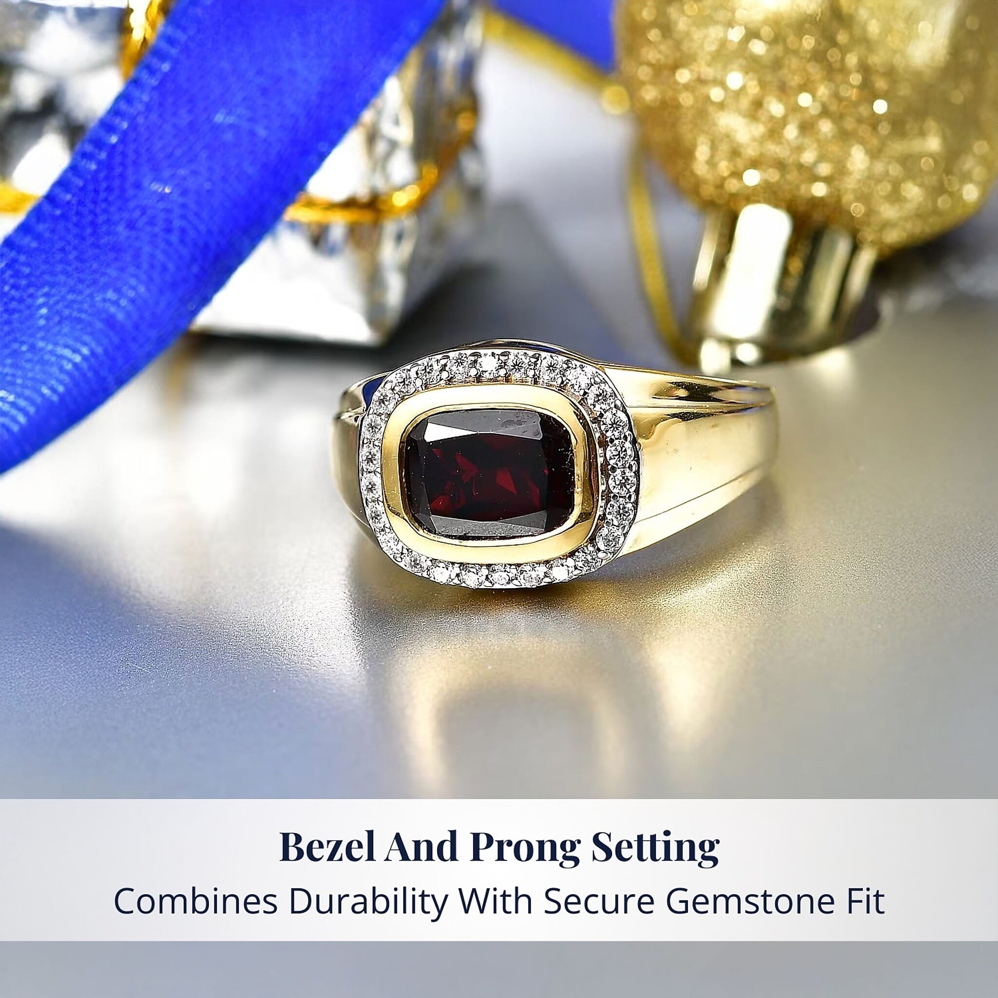 D'Joy Premium Mozambique Garnet and Moissanite 4.00 ctw Men's Ring in 18K Vermeil Yellow Gold Over Sterling Silver (Size 9.0)
