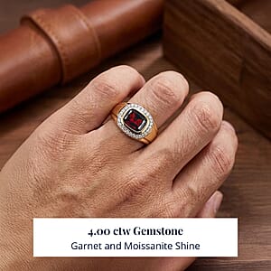 D'Joy Premium Mozambique Garnet and Moissanite 4.00 ctw Men's Ring in 18K Vermeil Yellow Gold Over Sterling Silver (Size 10.0)
