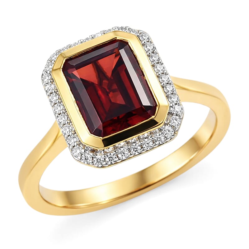 D'Joy Premium Mozambique Garnet and Moissanite 3.00 ctw Passion Regal Ring in 18K Vermeil Yellow Gold Over Sterling Silver (Size 6.0)