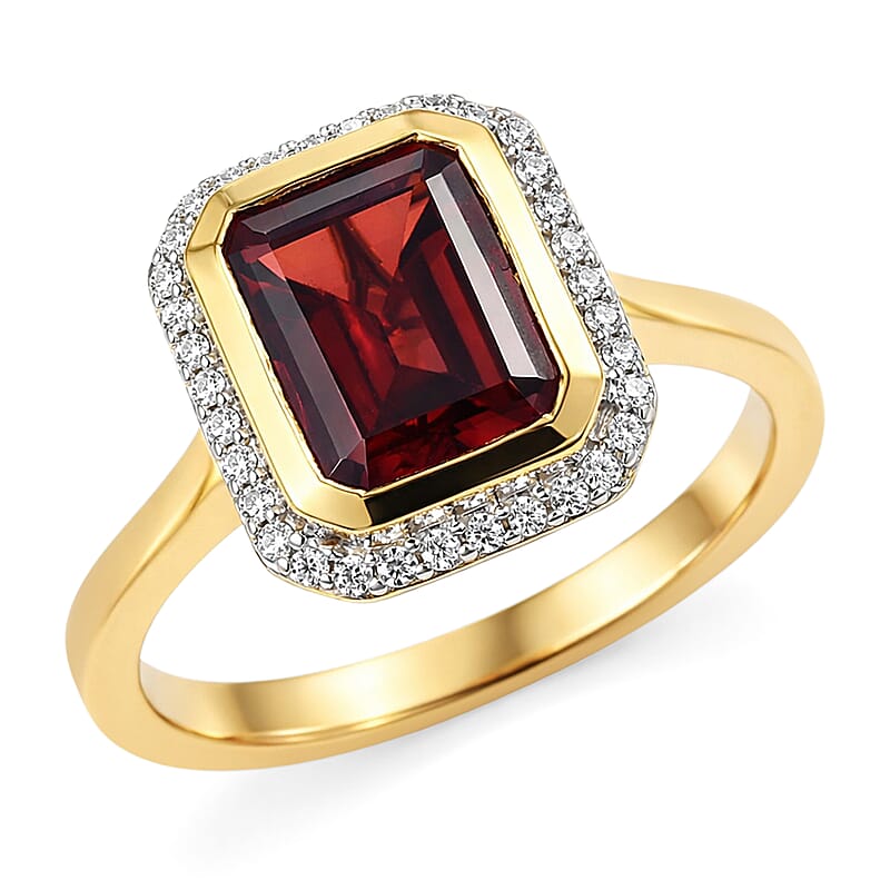 D'Joy Premium Mozambique Garnet and Moissanite 3.00 ctw Passion Regal Ring in 18K Vermeil Yellow Gold Over Sterling Silver (Size 9.0)