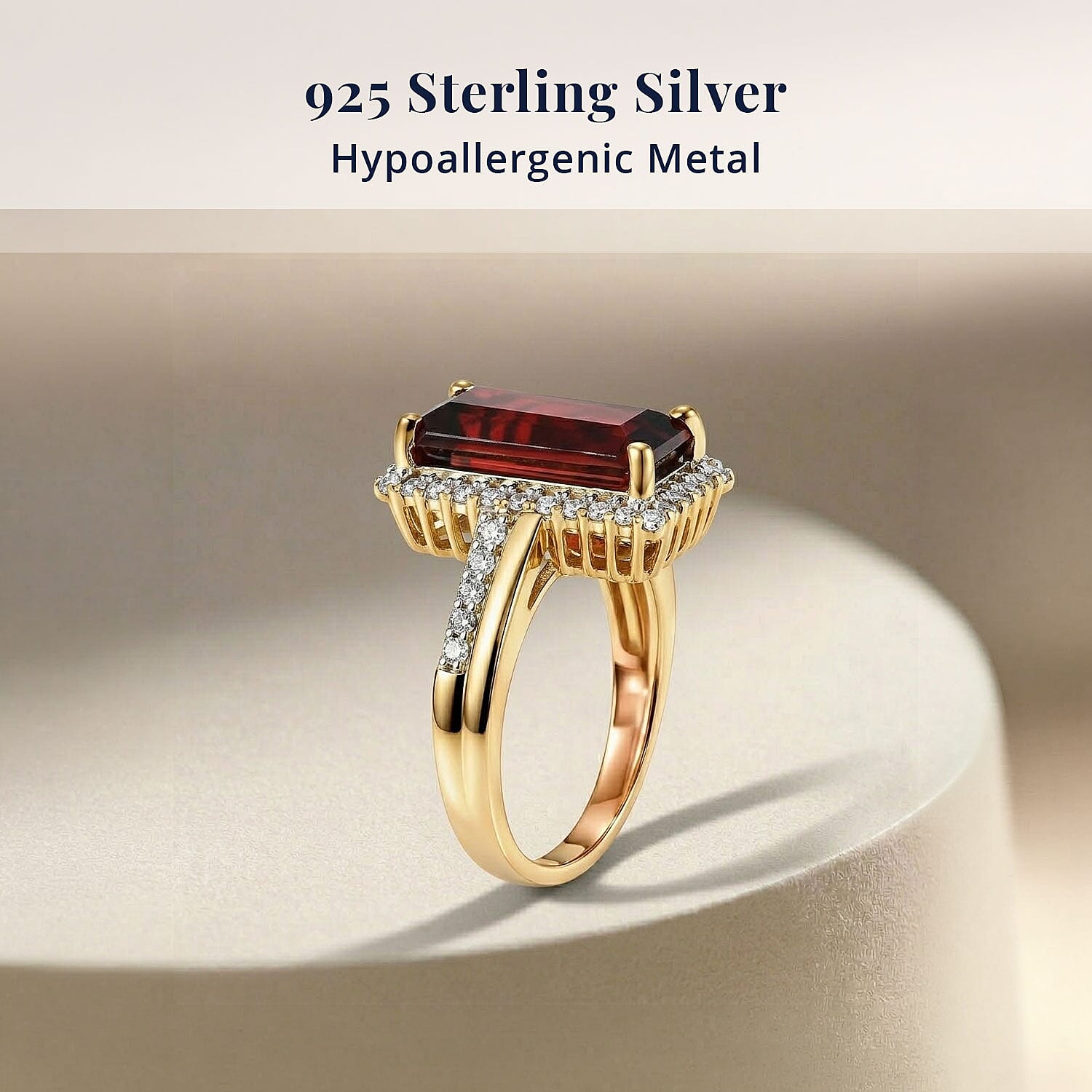 D'Joy Premium Mozambique Garnet and Moissanite 3.90 ctw Flare Luxe Ring in 18K Vermeil Yellow Gold Over Sterling Silver (Size 7.0)