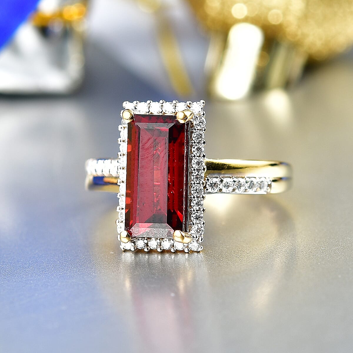 D'Joy Premium Mozambique Garnet and Moissanite 3.90 ctw Flare Luxe Ring in 18K Vermeil Yellow Gold Over Sterling Silver (Size 8.0) image number 1