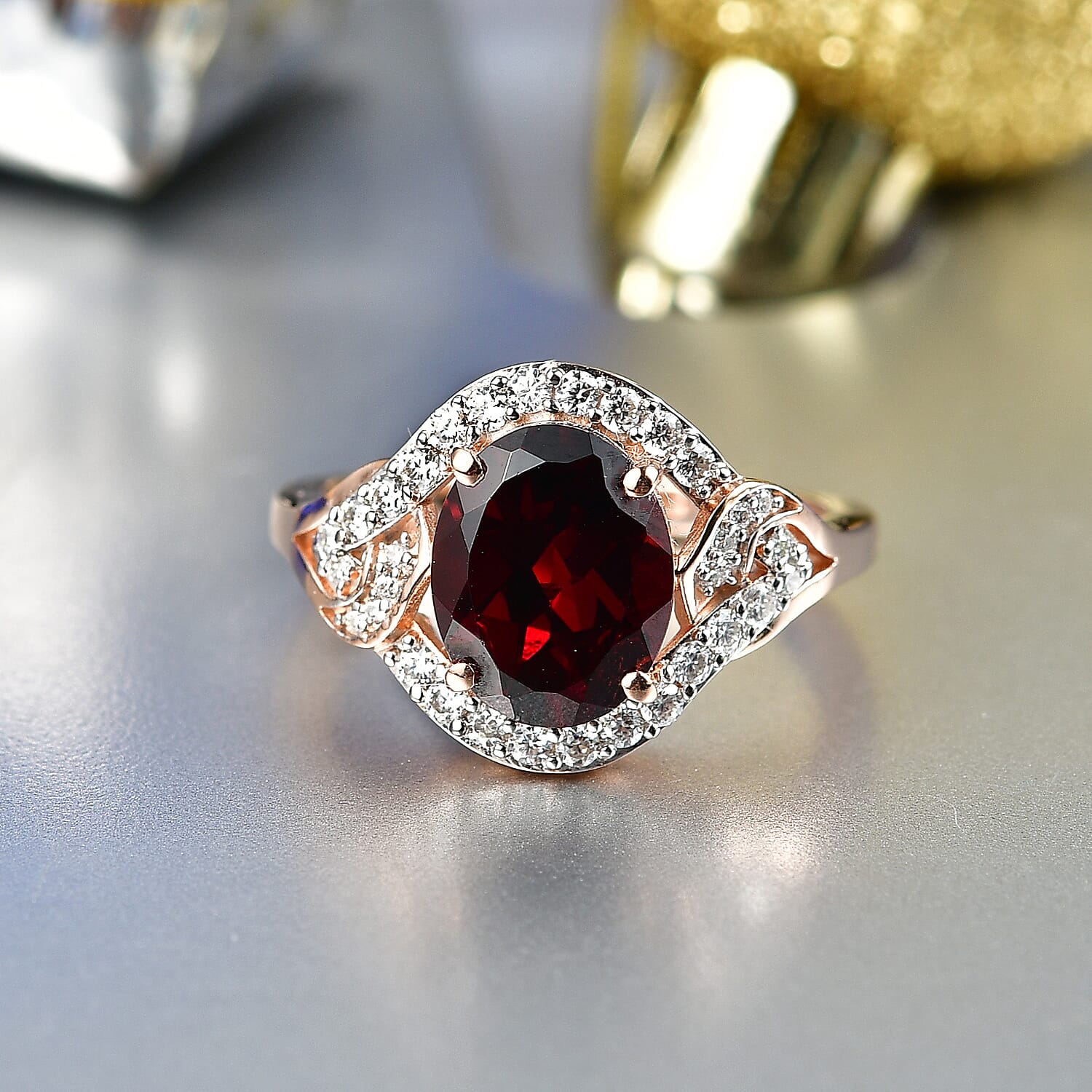 D'Joy Premium Mozambique Garnet and Moissanite 3.50 ctw Flame Swirl Ring in 18K Vermeil Rose Gold Over Sterling Silver (Size 8.0)