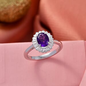 D'Joy Premium Lusaka Amethyst and Moissanite 1.60 ctw Sunray Bloom Ring in Rhodium Over Sterling Silver (Size 10.0)