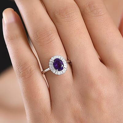 D'Joy Premium Lusaka Amethyst and Moissanite 1.60 ctw Sunray Bloom Ring in Rhodium Over Sterling Silver (Size 5.0)