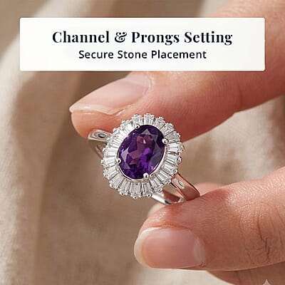 D'Joy Premium Lusaka Amethyst and Moissanite 1.60 ctw Sunray Bloom Ring in Rhodium Over Sterling Silver (Size 5.0)