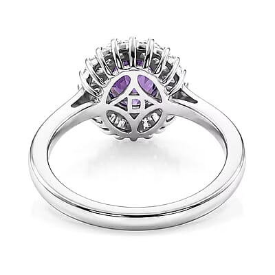 D'Joy Premium Lusaka Amethyst and Moissanite 1.60 ctw Sunray Bloom Ring in Rhodium Over Sterling Silver (Size 5.0)