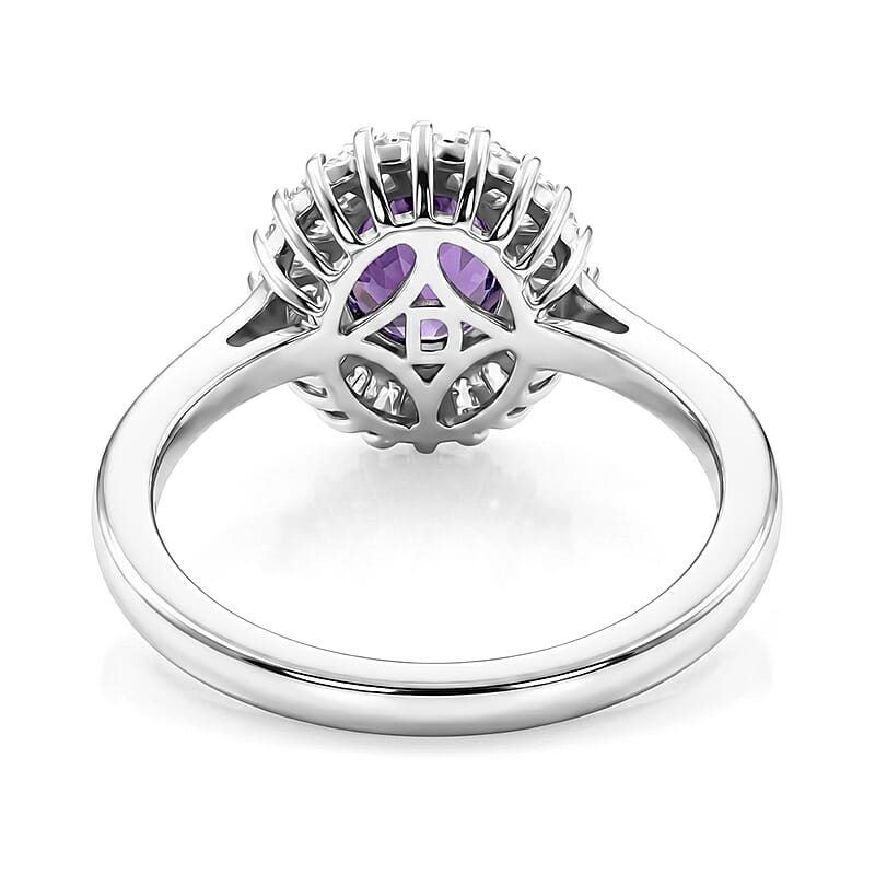D'Joy Premium Lusaka Amethyst and Moissanite 1.60 ctw Sunray Bloom Ring in Rhodium Over Sterling Silver (Size 6.0)