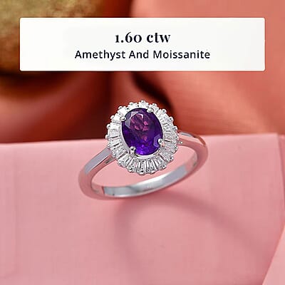 D'Joy Premium Lusaka Amethyst and Moissanite 1.60 ctw Sunray Bloom Ring in Rhodium Over Sterling Silver (Size 8.0)