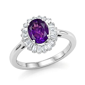 D'Joy Premium Lusaka Amethyst and Moissanite 1.60 ctw Sunray Bloom Ring in Rhodium Over Sterling Silver (Size 9.0)