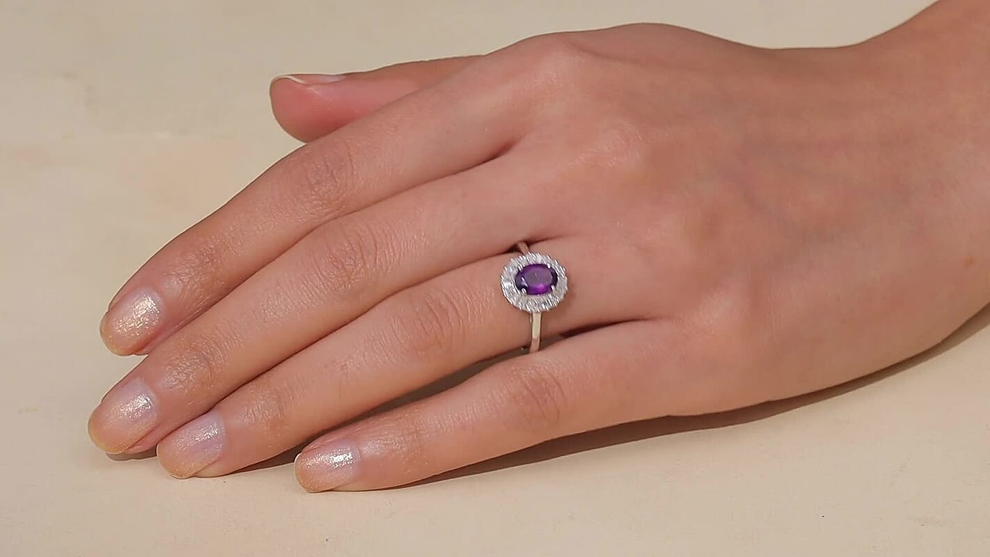 D'Joy Premium Lusaka Amethyst, Moissanite Sunray Bloom Ring in Rhodium Over Sterling Silver (Size 10.0) 1.60 ctw