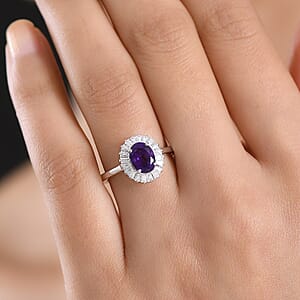 D'Joy Premium Lusaka Amethyst and Moissanite 1.60 ctw Sunray Bloom Ring in Rhodium Over Sterling Silver (Size 9.0)