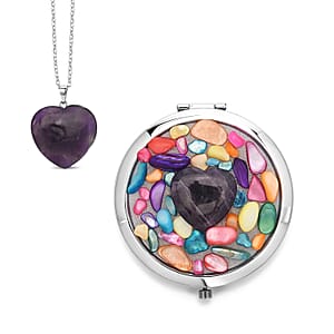 Livmore Purple Cosmetic Gemstone Mirror with Matching Amethyst Heart Necklace (20 Inches) in Silvertone
