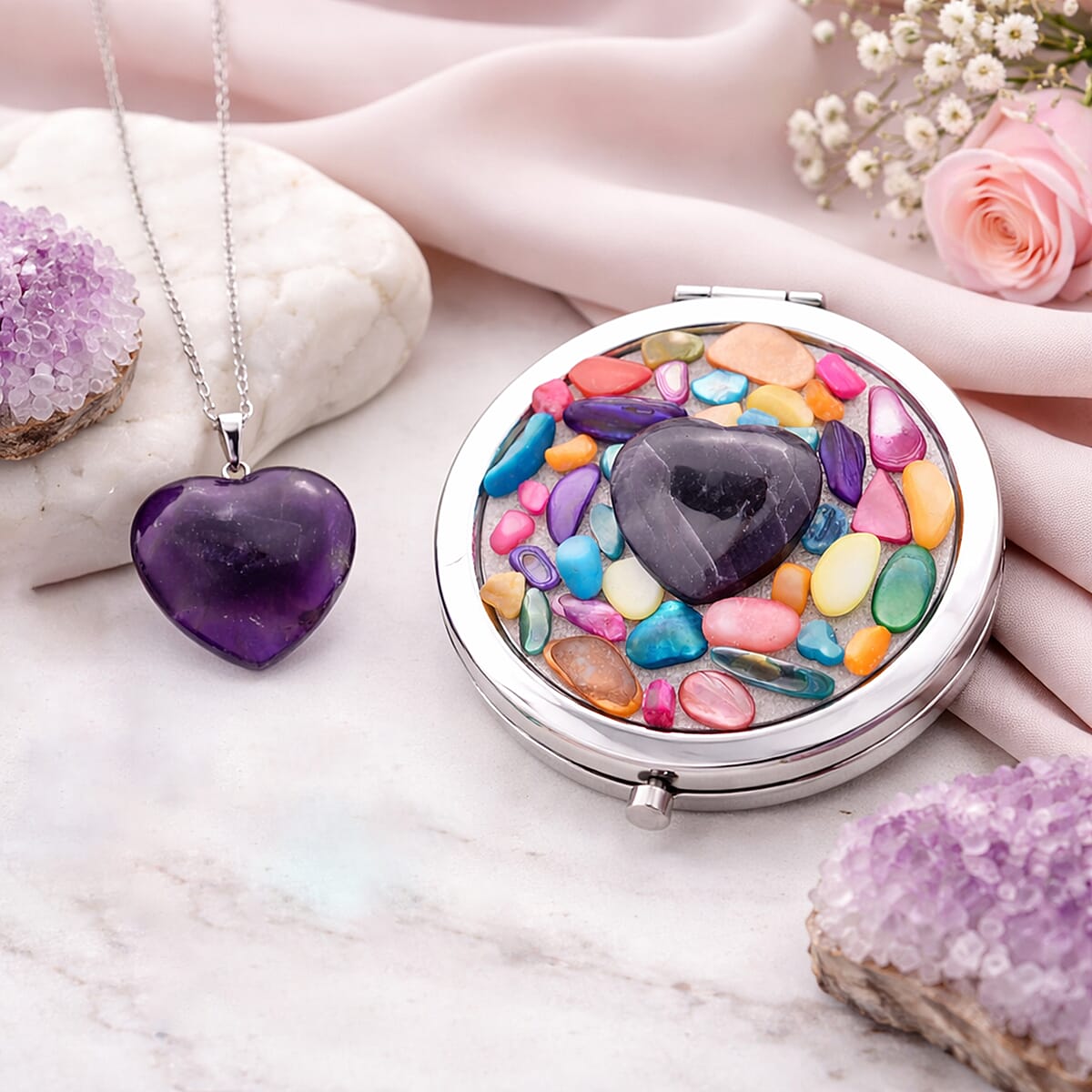 Livmore Purple Cosmetic Gemstone Mirror with Matching Amethyst Heart Necklace (20 Inches) in Silvertone image number 1