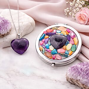 Livmore Purple Cosmetic Gemstone Mirror with Matching Amethyst Heart Necklace (20 Inches) in Silvertone