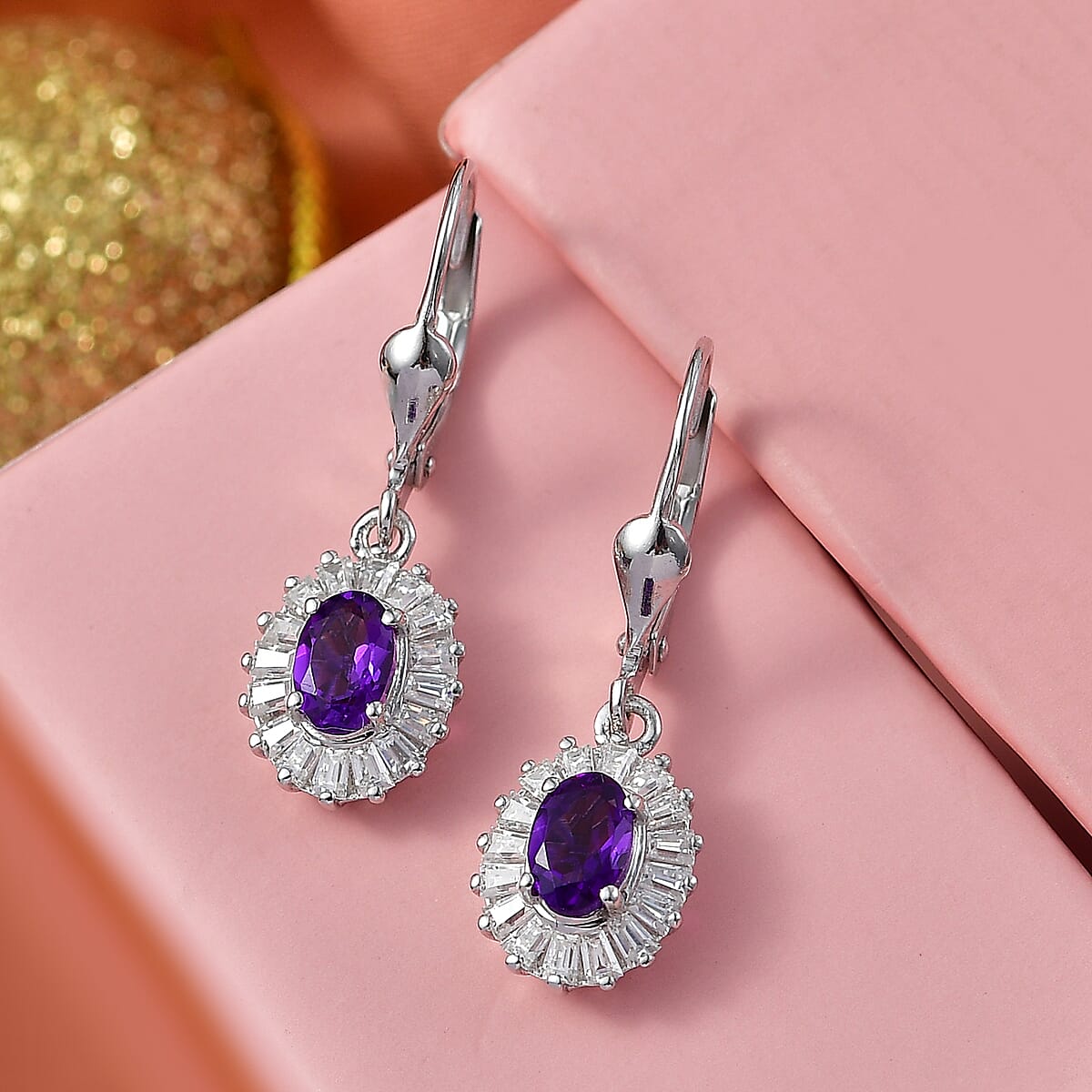 D'Joy Premium Lusaka Amethyst and Moissanite 1.65 ctw Sunray Bloom Earrings in Rhodium Over Sterling Silver image number 1