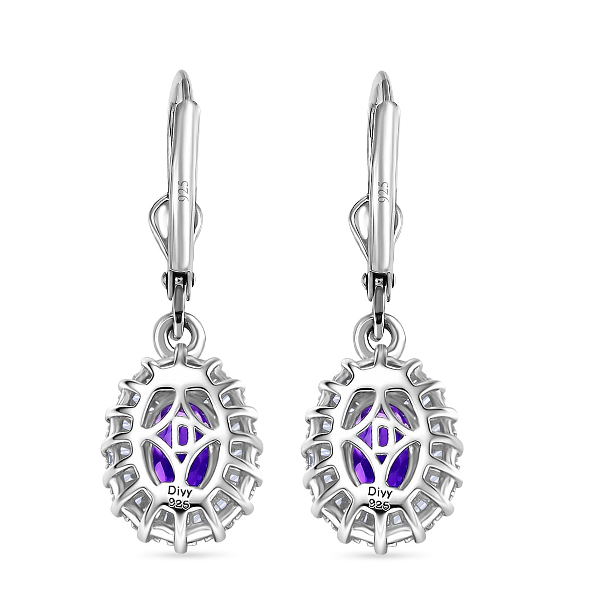 D'Joy Premium Lusaka Amethyst and Moissanite 1.65 ctw Sunray Bloom Earrings in Rhodium Over Sterling Silver image number 4