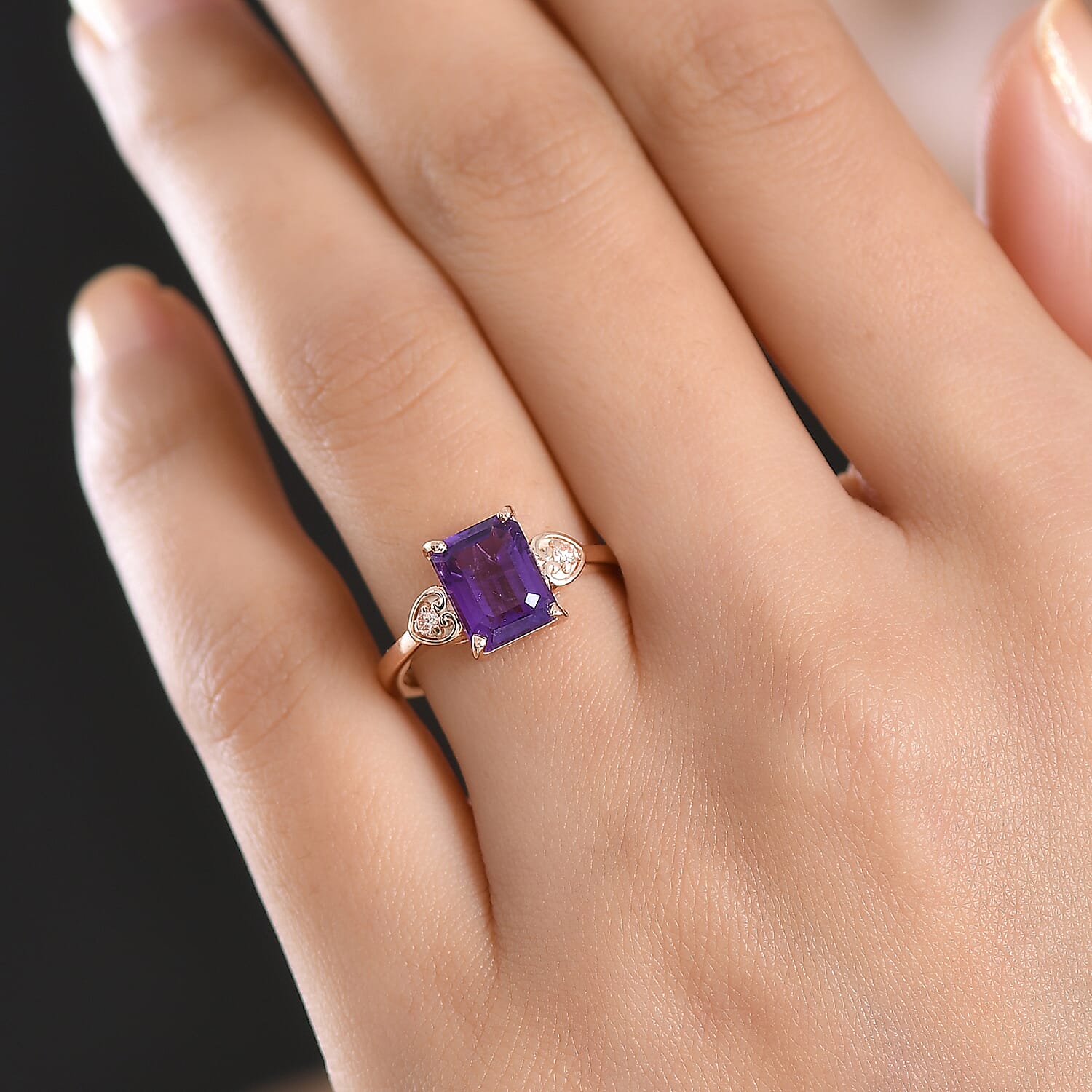 Premium Lusaka Amethyst and Luxuriant Lab Grown Pink Diamond E-F VS 2.40 ctw Elegant Heart Ring in 18K Vermeil Rose Gold Over Sterling Silver (Size 8.0)