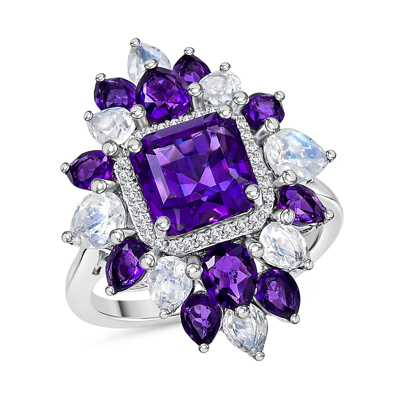 D'Joy Premium Lusaka Amethyst and Multi Gemstone 6.10 ctw Petal Frame Ring in Rhodium Over Sterling Silver (Size 10.0)