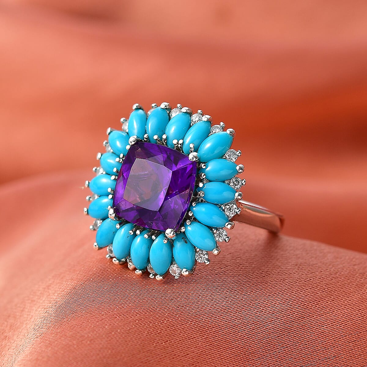 D'Joy Premium Lusaka Amethyst and Multi Gemstone 6.10 ctw Petal Frame Ring in Rhodium Over Sterling Silver (Size 10.0) image number 1