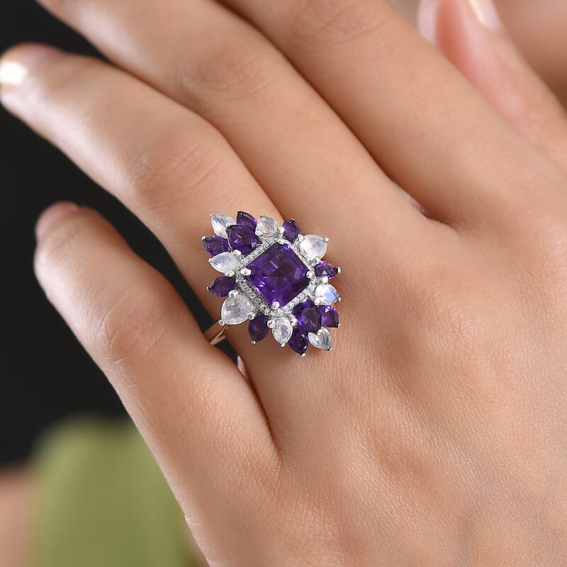 D'Joy Premium Lusaka Amethyst and Multi Gemstone 6.10 ctw Petal Frame Ring in Rhodium Over Sterling Silver (Size 10.0)