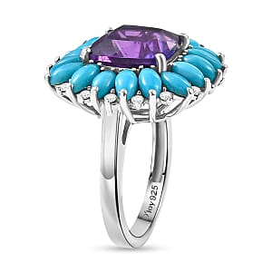 D'Joy Premium Lusaka Amethyst and Multi Gemstone 6.10 ctw Petal Frame Ring in Rhodium Over Sterling Silver (Size 10.0)