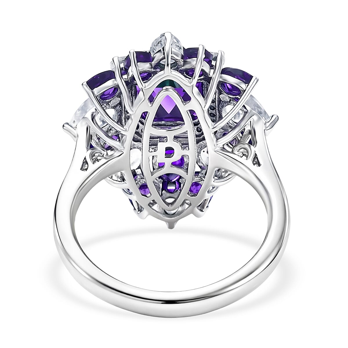 D'Joy Premium Lusaka Amethyst and Multi Gemstone 6.10 ctw Petal Frame Ring in Rhodium Over Sterling Silver (Size 10.0)
