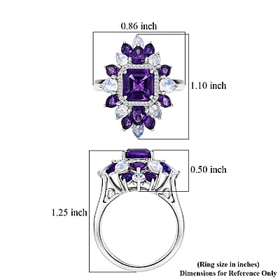 D'Joy Premium Lusaka Amethyst and Multi Gemstone 6.10 ctw Petal Frame Ring in Rhodium Over Sterling Silver (Size 10.0)