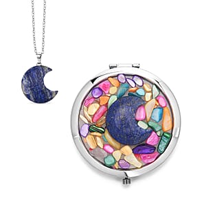 Livmore Blue Cosmetic Gemstone Mirror with Matching Lapis Lazuli Heart Necklace (20 Inches) in Silvertone