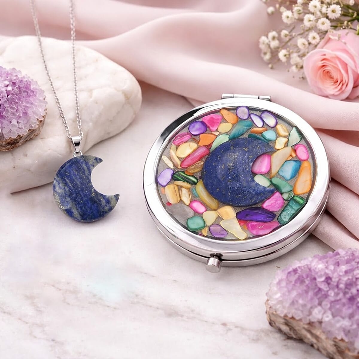 Livmore Blue Cosmetic Gemstone Mirror with Matching Lapis Lazuli Heart Necklace (20 Inches) in Silvertone image number 1