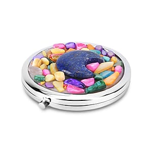 Livmore Blue Cosmetic Gemstone Mirror with Matching Lapis Lazuli Heart Necklace (20 Inches) in Silvertone