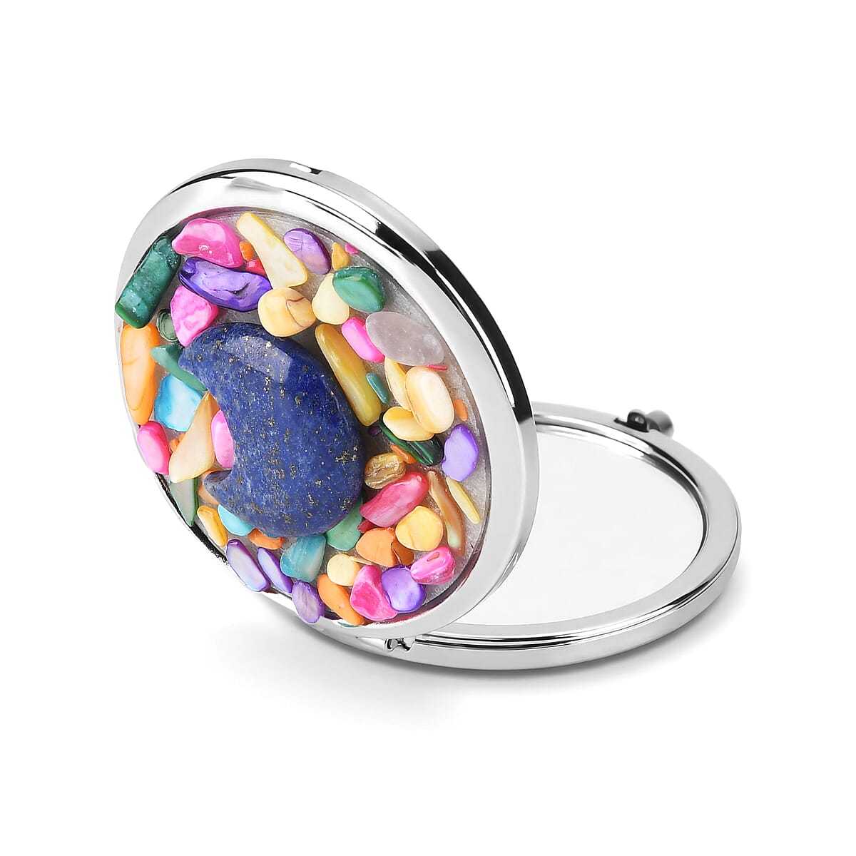 Livmore Blue Cosmetic Gemstone Mirror with Matching Lapis Lazuli Heart Necklace (20 Inches) in Silvertone image number 5