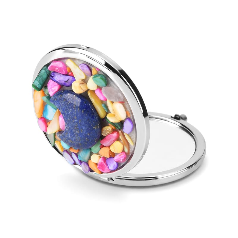Livmore Blue Cosmetic Gemstone Mirror with Matching Lapis Lazuli Heart Necklace (20 Inches) in Silvertone