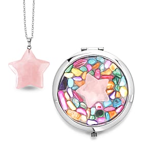 Livmore Pink Cosmetic Gemstone Mirror with Matching Rose Quartz Heart Necklace (20 Inches) in Silvertone