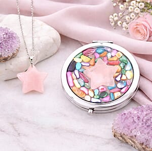 Livmore Pink Cosmetic Gemstone Mirror with Matching Rose Quartz Heart Necklace (20 Inches) in Silvertone